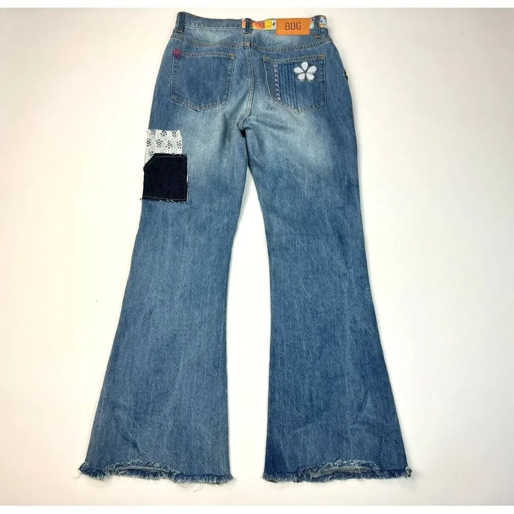 BDG Urban‎ Outfitters High Rise Flare Jeans Women 26 Art Patch Boho Hippie 70s
